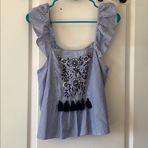 Zara Blue Striped Embroidered Floral Pattern Flutter Sleeve Top